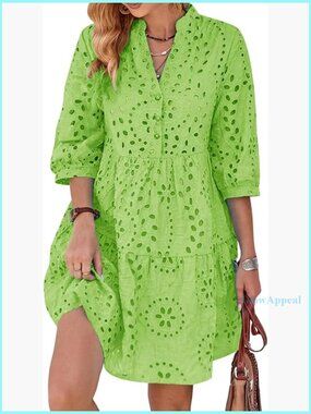 Eyelet Lace Midi Dress V Neck Puff 3/4 Sleeve Button Tiered A Line